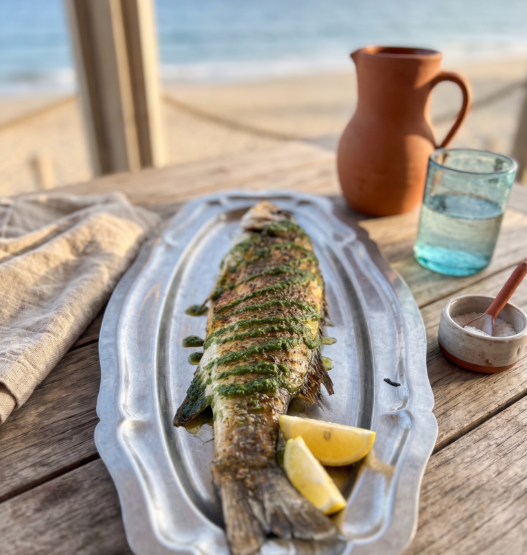 Grilled sea bass à la plancha** at La Siesta beach restaurant in Le Lavandou