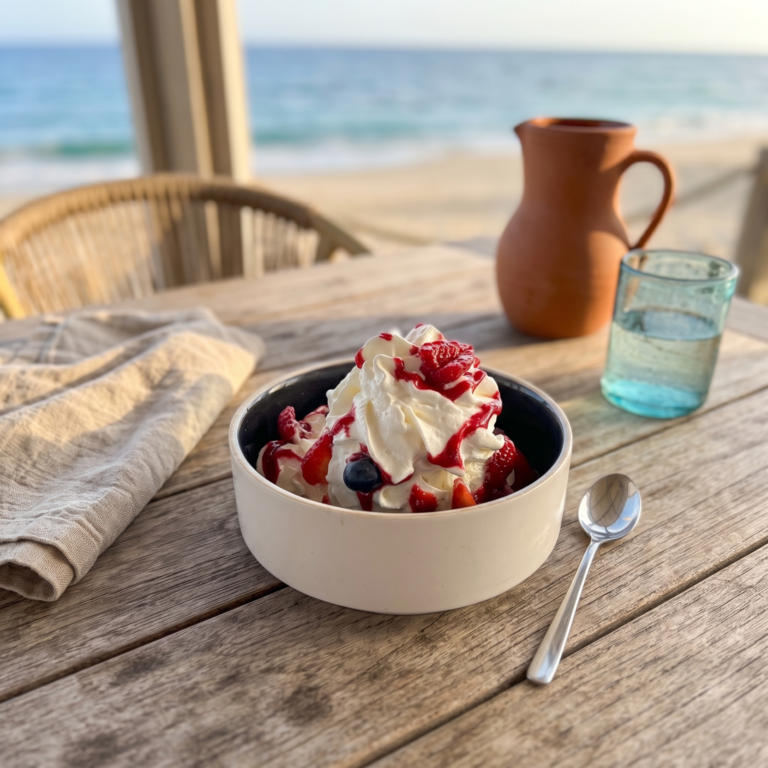 Red berry pavlova at La Siesta beach restaurant in Le Lavandou